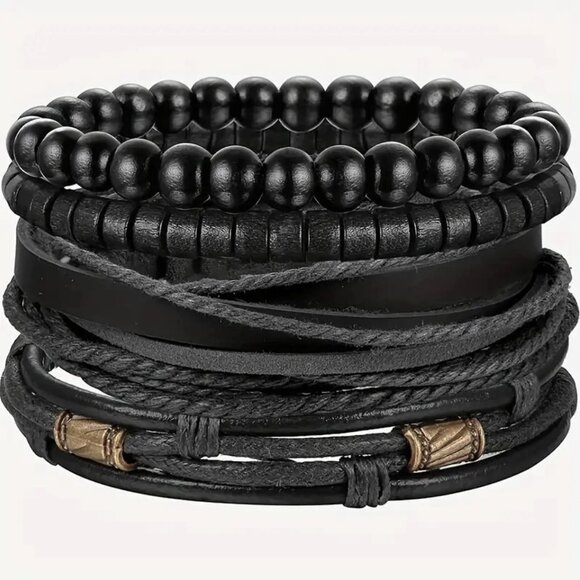 4pc Black Leather Cuff Bracelet Wrist Rock Edgy Goth Grunge Punk Beads Metal NEW - Picture 1 of 3